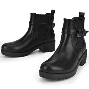 READYSALTED Women’s Black Flat Chelsea Booties Ankle in Zip Strap and Buckle S10